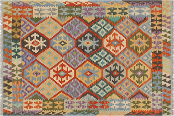 Flat Weave Kilim, Antique, Navaho, Vintage, Handmade, Geometric Kilim Rust Blue Hand-Woven Rectangle 100% Wool Area Rug 5 x 6